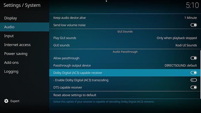 Conexión óptica de audio de PC Kodi Salida Dolby