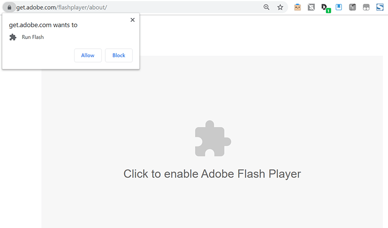 Ventana emergente solicitando permiso para habilitar Flash en el navegador Chrome