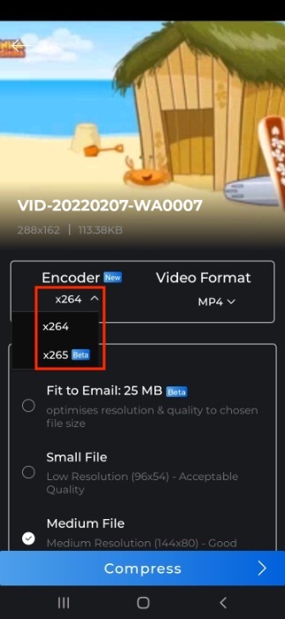 Codificación de selección de compresor de video