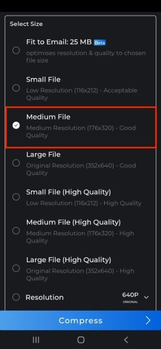 Compresor de video Seleccionar tamaño