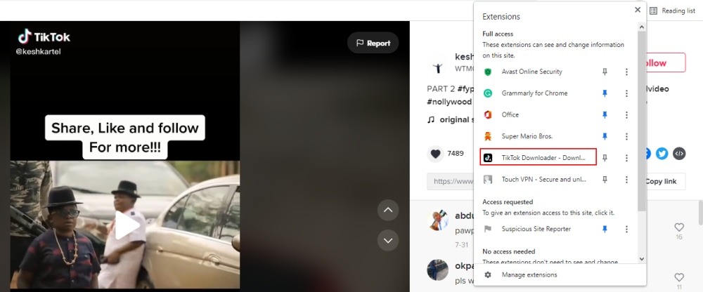 Descarga de video de Tiktok a través de la extensión