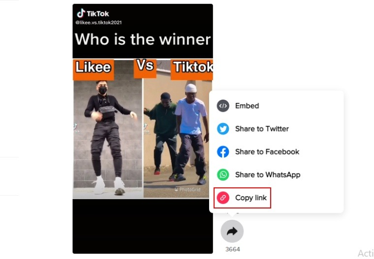 Tiktok Haga clic en Copiar enlace