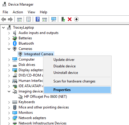 Opción de propiedades en el menú contextual para la cámara web seleccionada en el Administrador de dispositivos de Windows