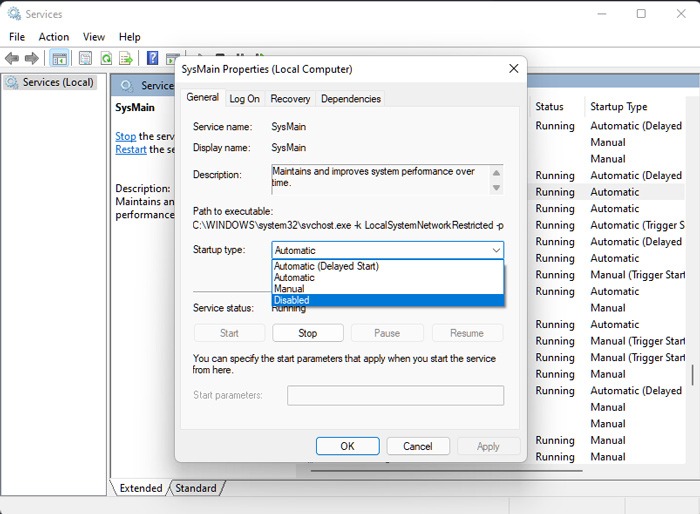 Arreglar el servicio Sysmain de uso de la CPU de Windows 100