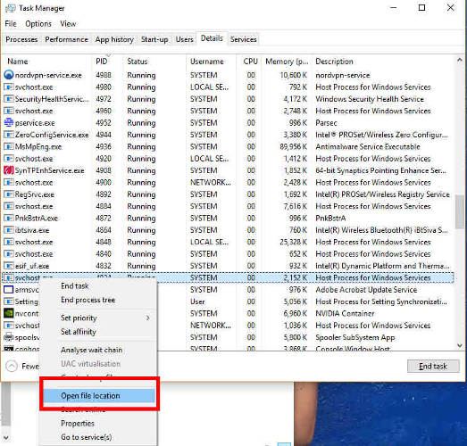 Arreglar 100 uso de CPU Windows 10 Deshabilitar ubicación de archivo abierto