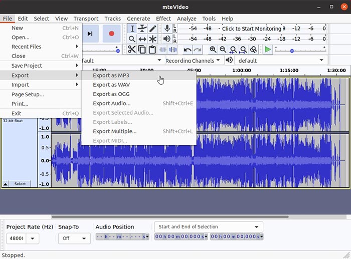 Extraer audio de la exportación de archivos de video Audacity