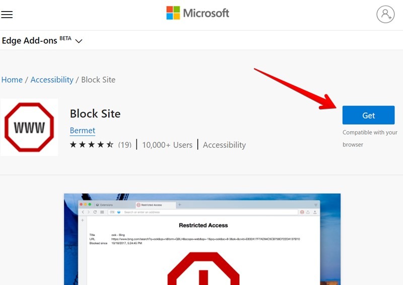 Bloquear sitios web Edge Install Extension