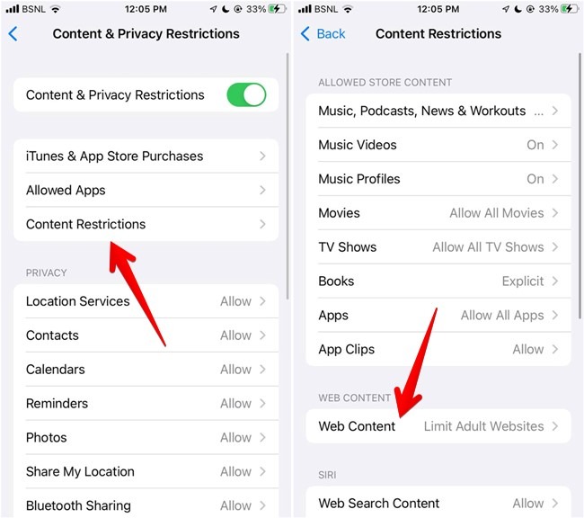 Restricciones de contenido de Ios de sitios web de bloqueo