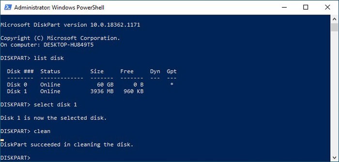 Formatear unidades USB en Win10 Diskpart Clean Disk