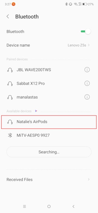 Airpods en la configuración de Android Conexión Bluetooth