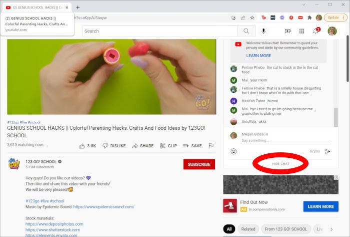Chat en vivo de Youtube Ocultar chat