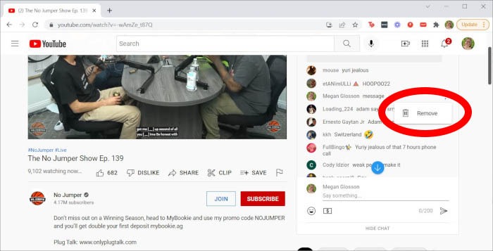 Eliminar chat en vivo de Youtube