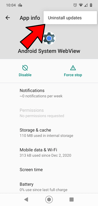 Las aplicaciones de Android no funcionan Desinstalar las actualizaciones de la vista web del sistema