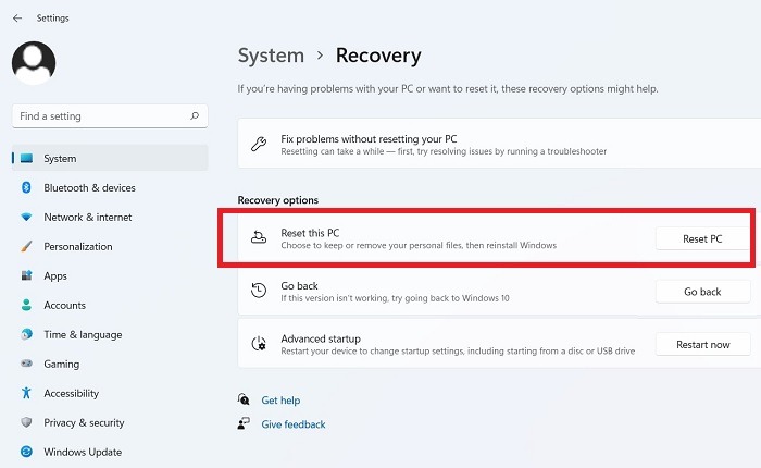 Recuperación de la opción de restablecimiento de búsqueda atascada de Windows11