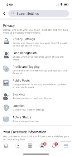 Hacer que el perfil de Facebook sea privado Iphone Dos