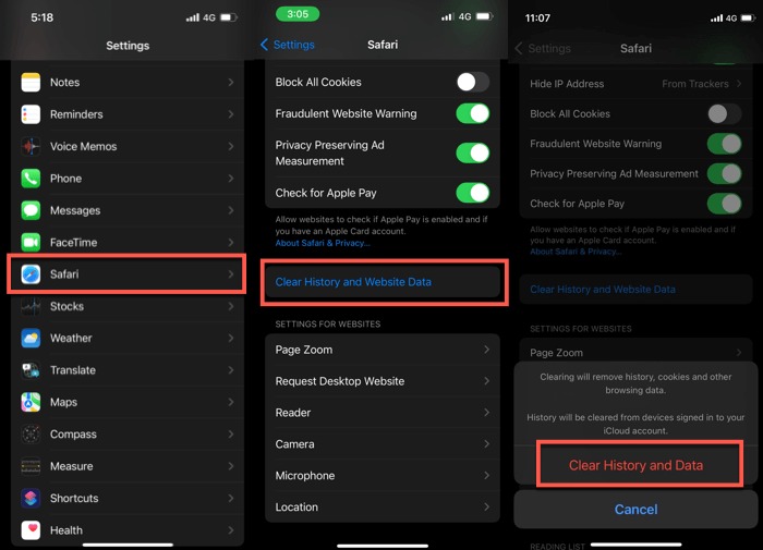 Borrar datos del sitio web Safari