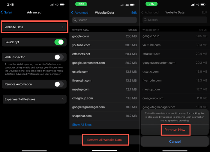 Eliminar datos del sitio web Safari 2