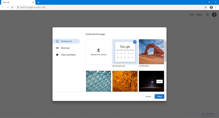 Cómo cambiar el fondo de búsqueda de Google Seleccionar imagen Chrome Desktop