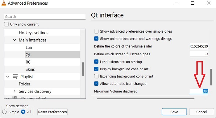 Aumentar el volumen máximo Interfaz de Windows Vlc Qt Volumen máximo