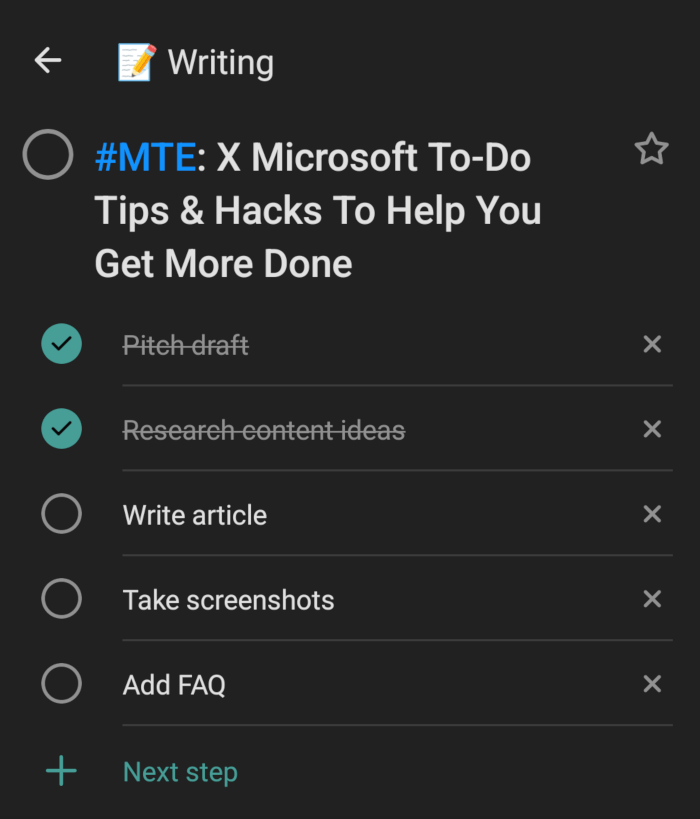 Lista de pasos pendientes de Microsoft