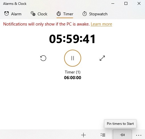 Pin de temporizadores de alarmas de Windows 10 para iniciar