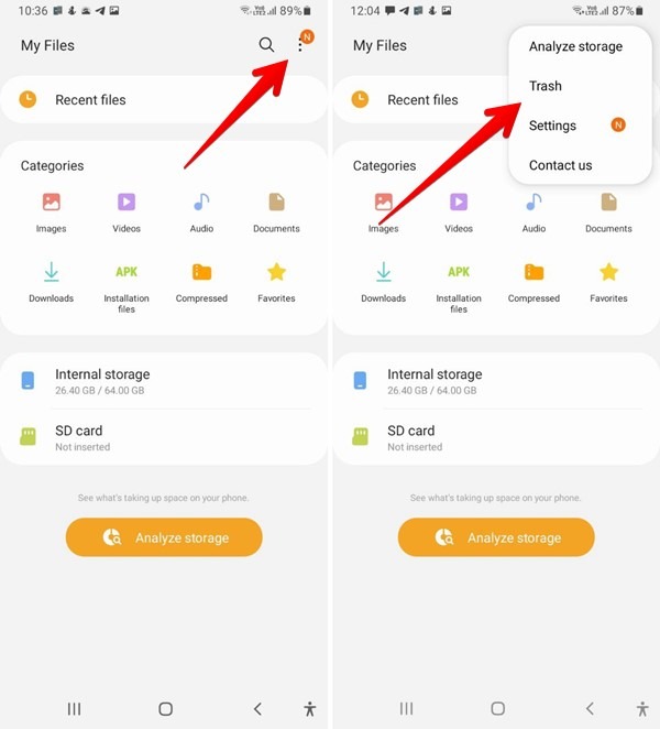 Descargas de Android Archivos de Samsung Borrar papelera