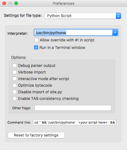 El menú de preferencias del iniciador de Python.