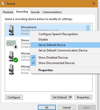 Micrófono externo Configuración de grabación de Windows como predeterminada