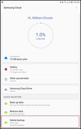 Copia de seguridad de eliminación de Samsung Cloud