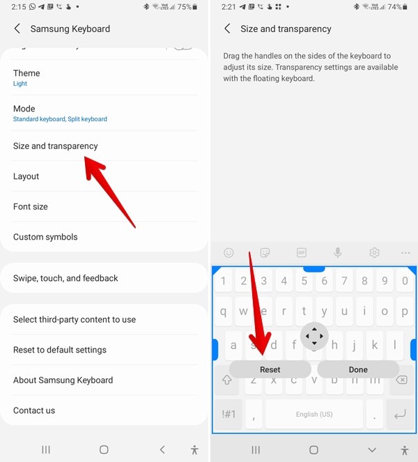 Tamaño de restablecimiento del teclado Samsung