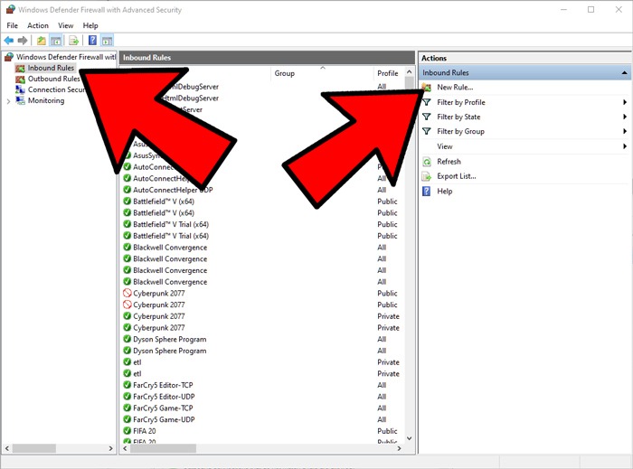 Configurar las reglas de entrada del firewall de Windows Defender de reenvío de puertos