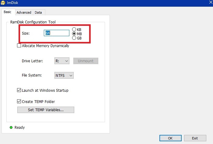 Asignación de tamaño de disco de Windows de unidad RAM