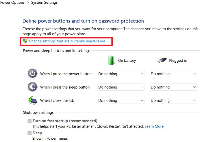 Configuración de energía de Windows de la unidad RAM Cambiar configuración no disponible