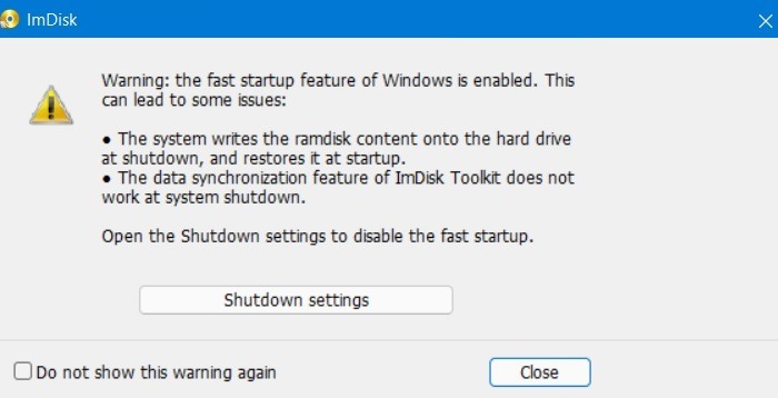 Mensaje de configuración de apagado de Imdisk de Windows de la unidad RAM