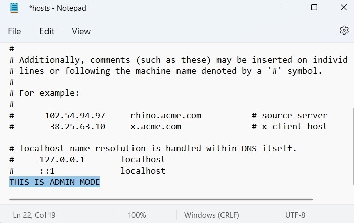 Modo de administración del Bloc de notas de archivo de hosts de Windows