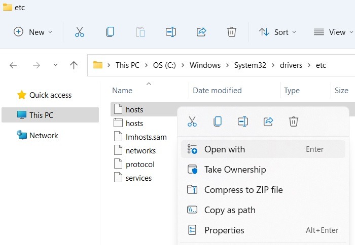 Archivo de hosts de Windows Windows11 Abrir clic derecho