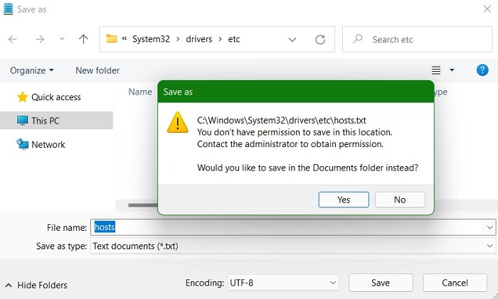Error de guardado de archivo de hosts de Windows Modo no administrador