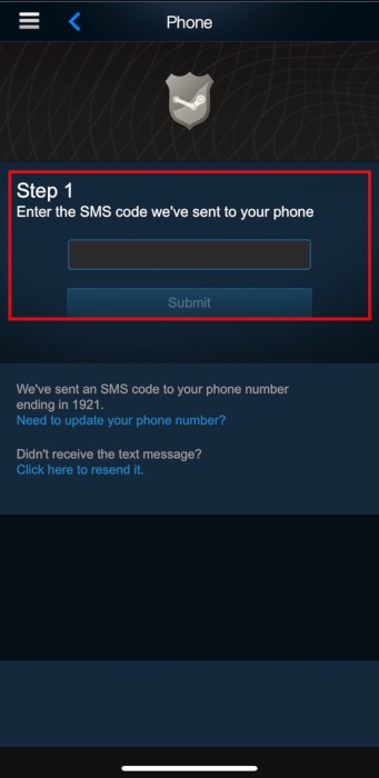 Steam Family Sharing Código SMS de la aplicación Steam