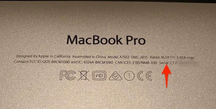 Número de serie de Macbook de seis maneras Parte inferior de la computadora