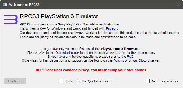 Ps3 en la PC con la ventana de bienvenida de Rpcs3
