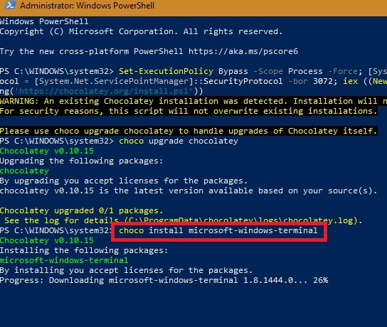 Terminal de Windows Chocolatey Instalación de Terminal de Windows