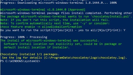 Instalación exitosa de Windows Terminal Chocolatey