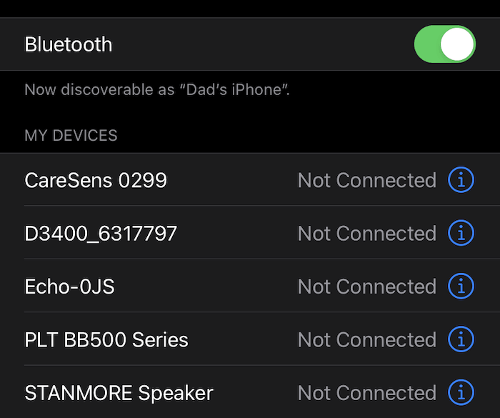 La configuración de Bluetooth de iOS.