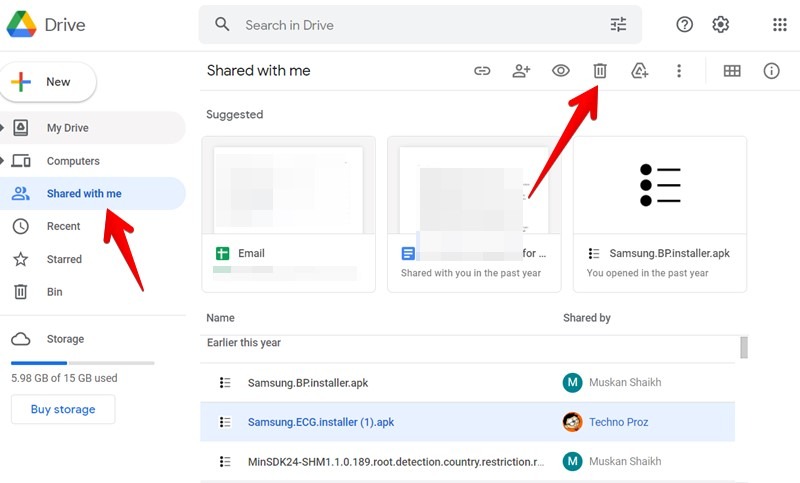 Eliminación de archivos compartidos de Google Drive