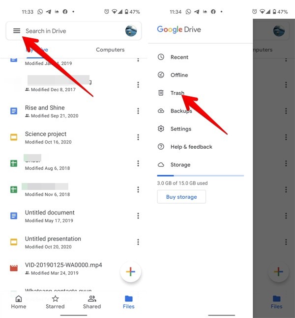 Google Drive Eliminar archivos de la papelera móvil