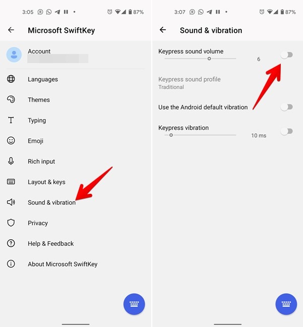 Teclado Swiftkey Apagar sonido