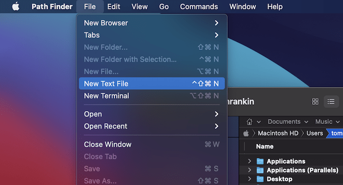 La opción Nuevo archivo de texto en Path Finder.