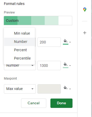 Desplegable de escala de hojas de Google de celda de color de relleno automático