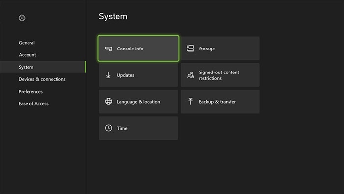 Preferencias del sistema de restablecimiento de fábrica de Xbox