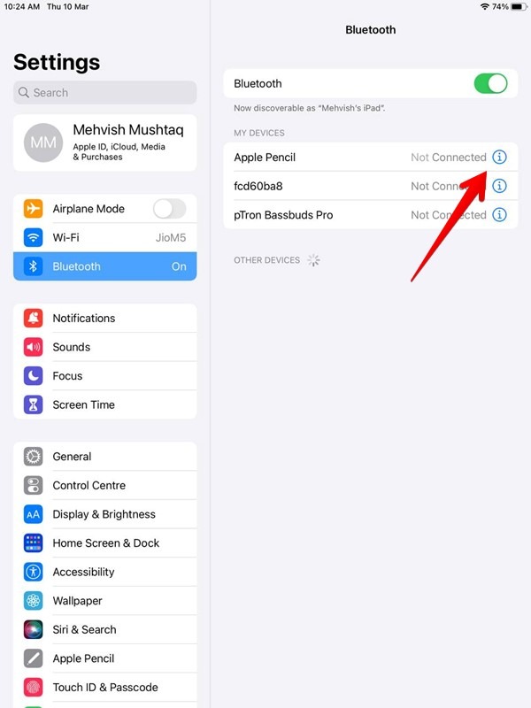 Información de Bluetooth del Apple Pencil